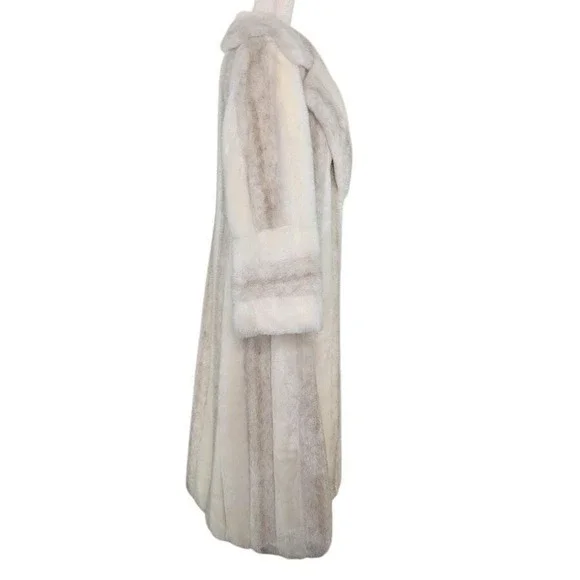 Vintage Faux Fur Long Coat Cream Gray Striped Oversized M/L Mob Wife Maximalist - Picture 3 of 13